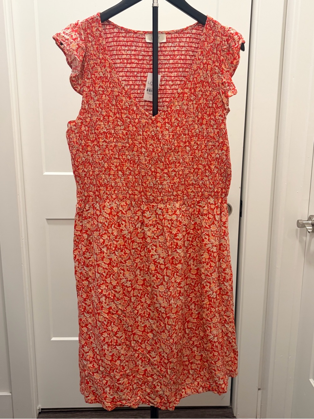 LOFT Coral Red Floral Midi Dress with Smocked Bodice